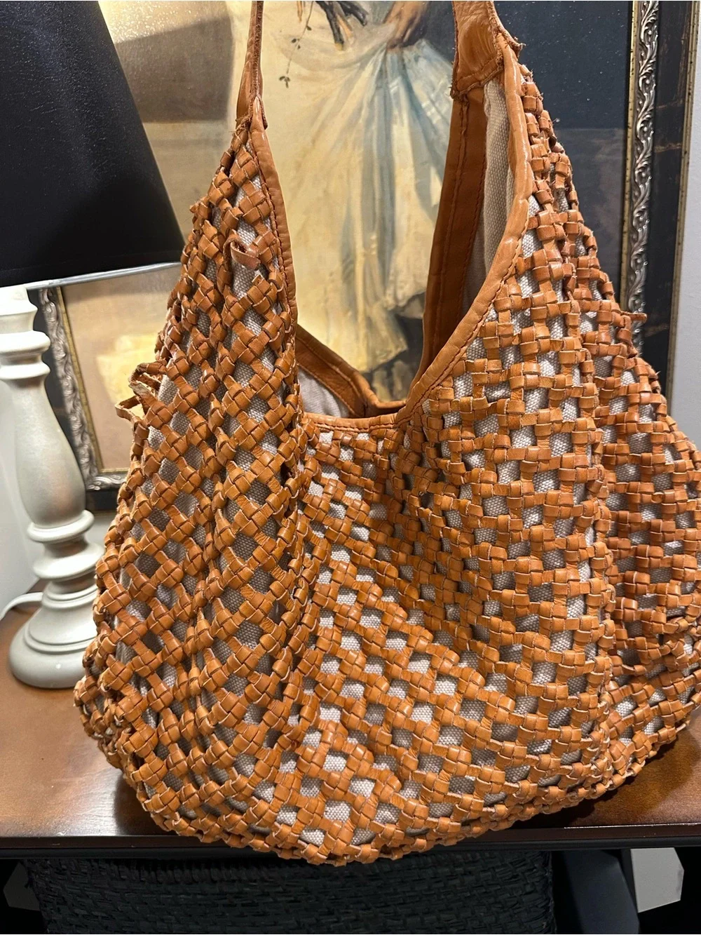 Marta Ponti Woven Quiet Luxury Bag Woven Leather Hobo Bag in Cognac